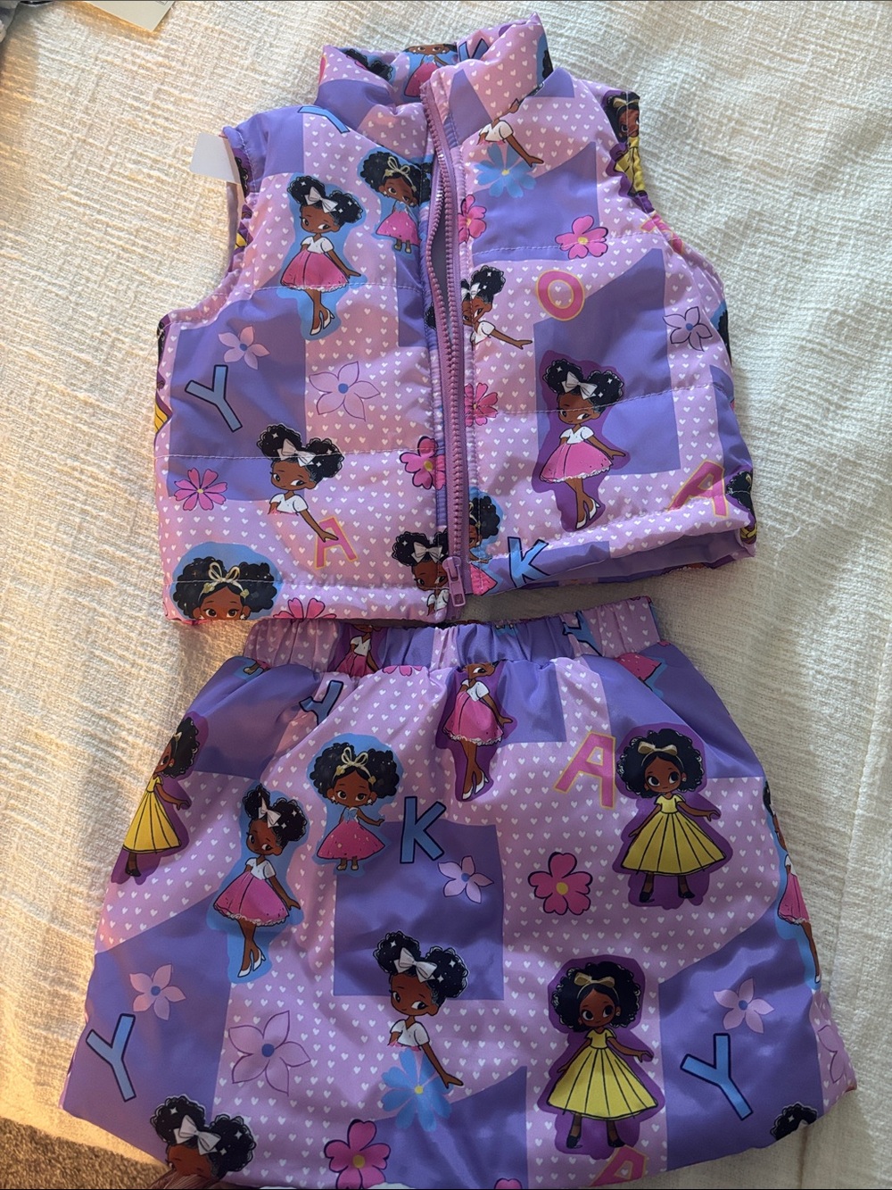 SHEIN Purple Girls Printed Puffer Vest and Skirt Set